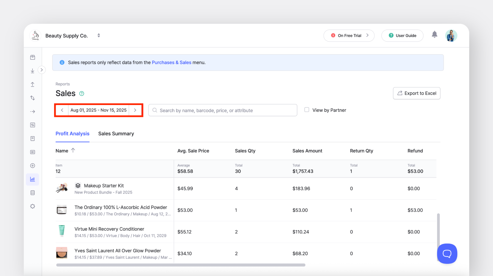 BoxHero Sales Report with Date Range Highlighted