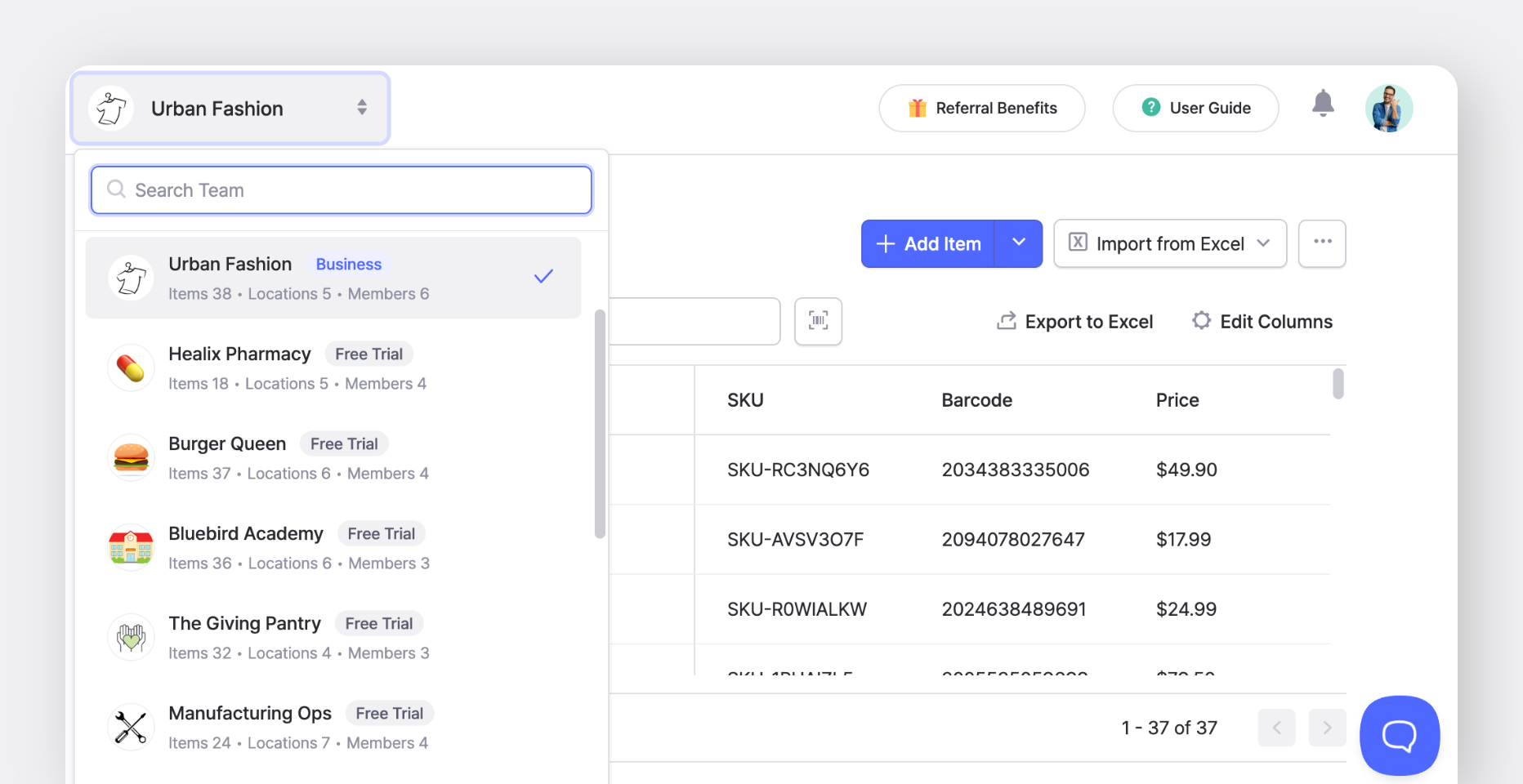 Inventory is separate by team. Locations organize your items inside each team.