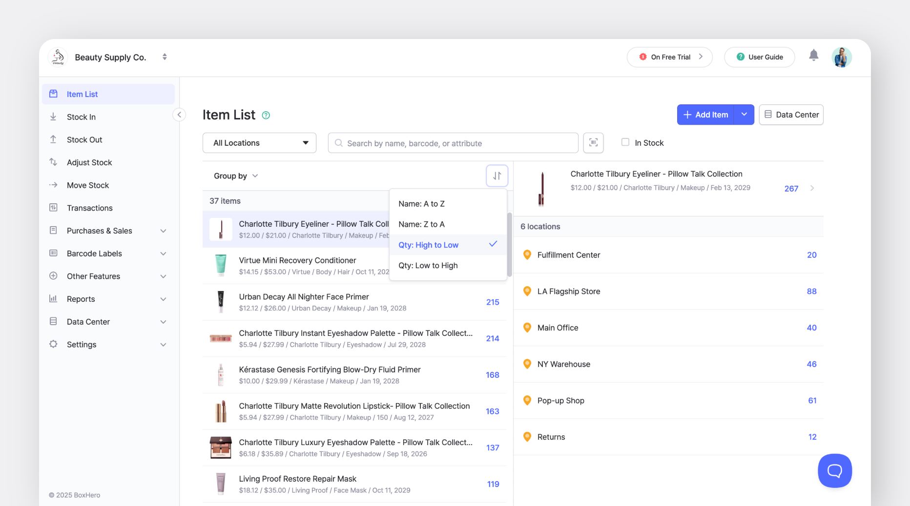 Sort items by Name or Quantity